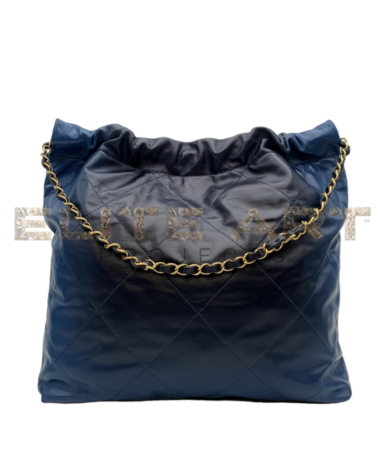 22 Handbag, quilted leather, blue gradient, gold inserts, elegance