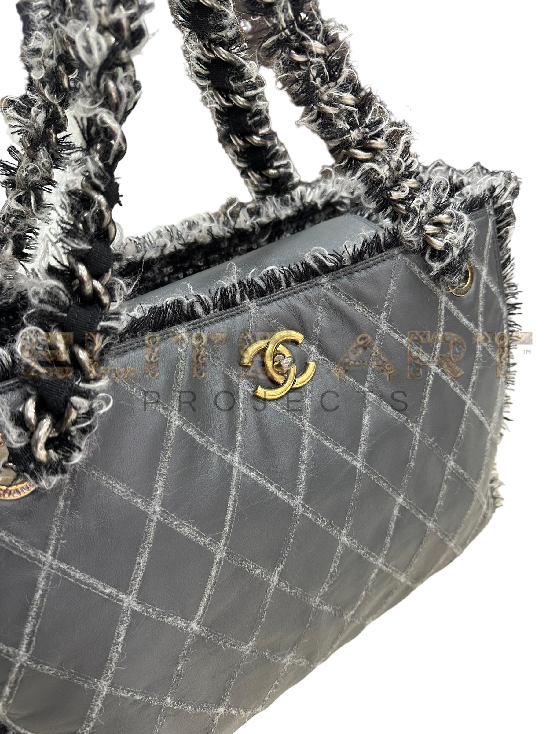 Chanel, tote bag, gray, canvas, tweed inserts, gold hardware, flap closure, excellent condition