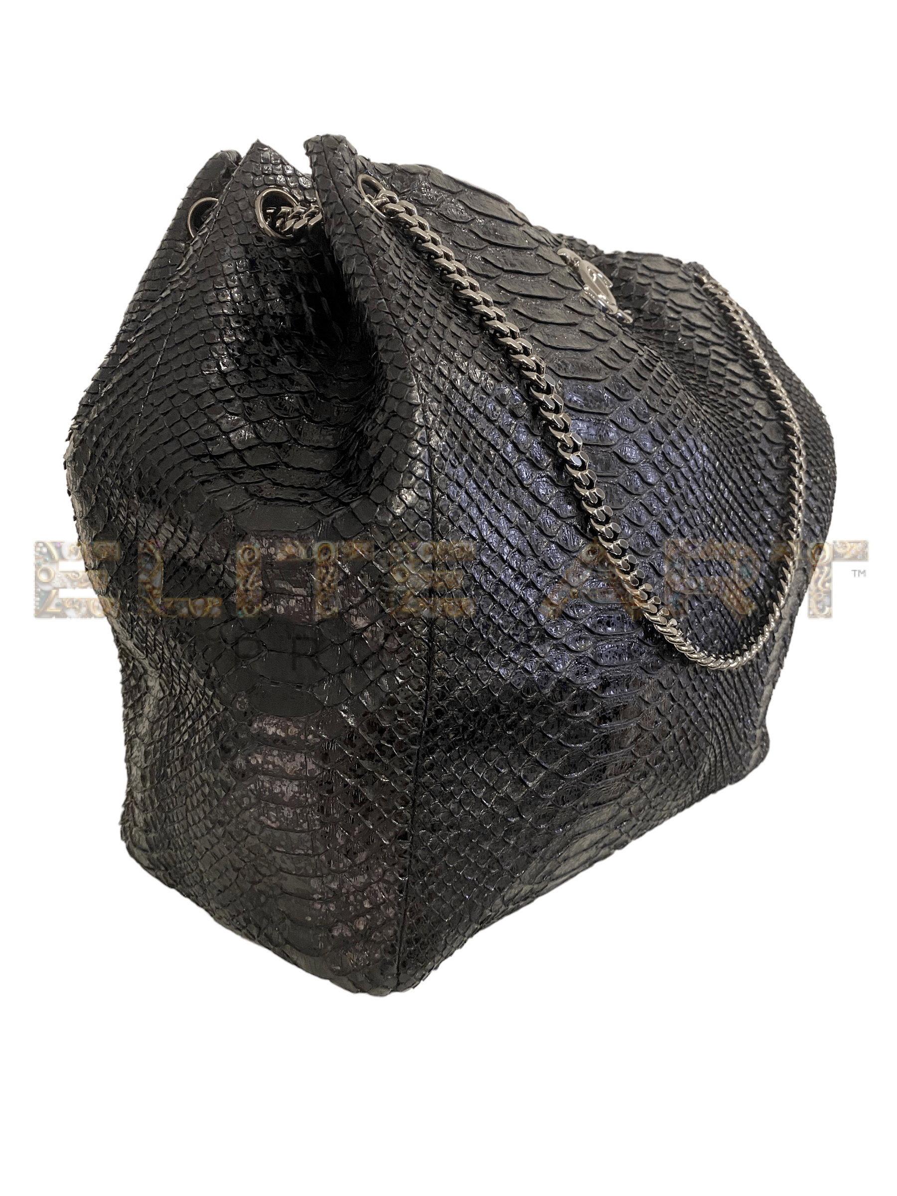 ELS Fashion TV, Elite Art Projects, Chanel, tote bag, black python leather, silver-tone hardware, magnetic button closure, gray fabric lining, spacious, sliding chain strap, hand carry, shoulder carry, internal pocket, zip closure, hook, 2008/09, excellent condition