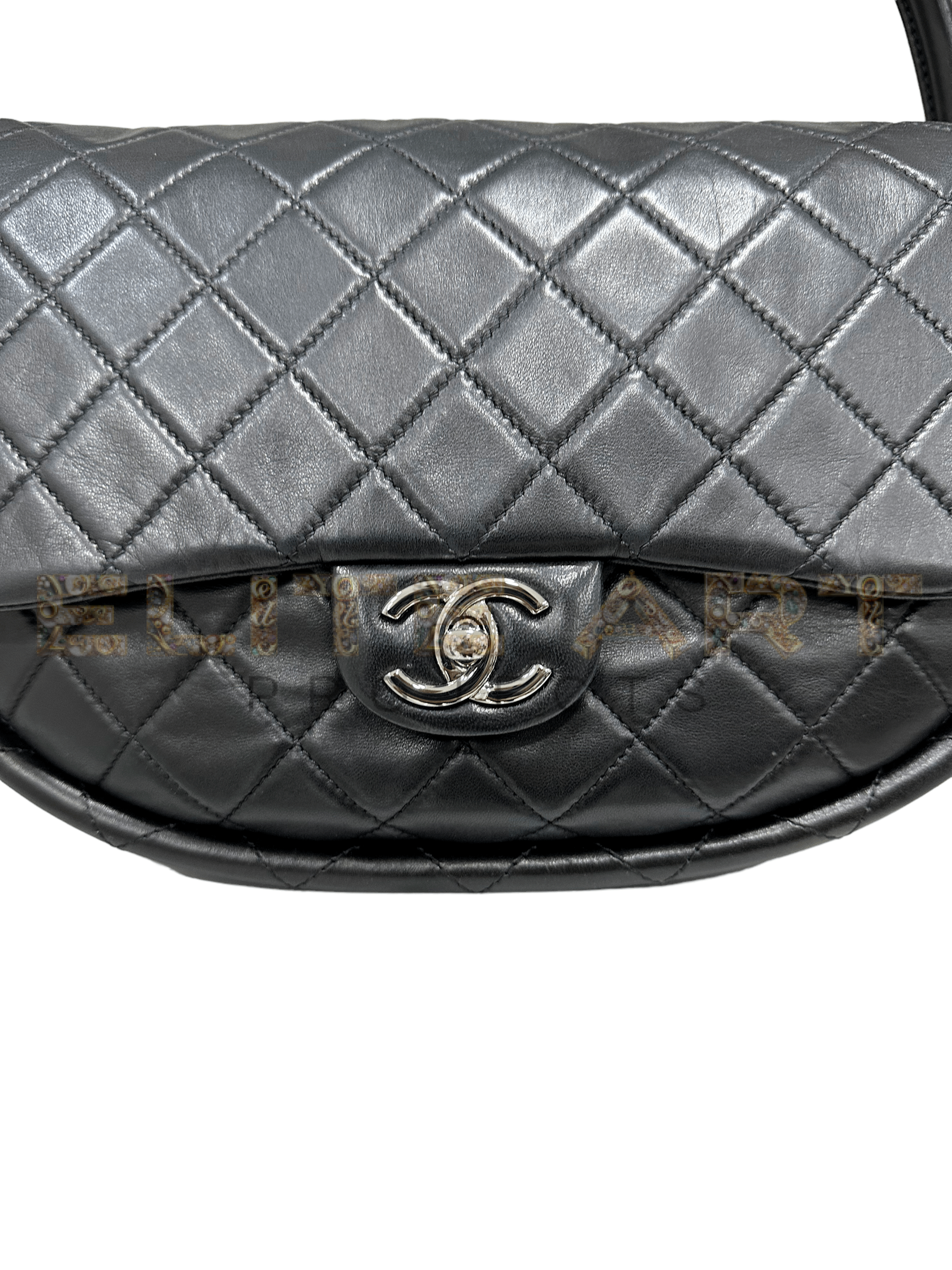 ELS Fashion TV, Elite Art Projects, Chanel, Hula Hop bag, black quilted leather, silver-tone hardware, CC logo clasp, grey fabric lining, spacious interior, 2012/13, out of production, good condition