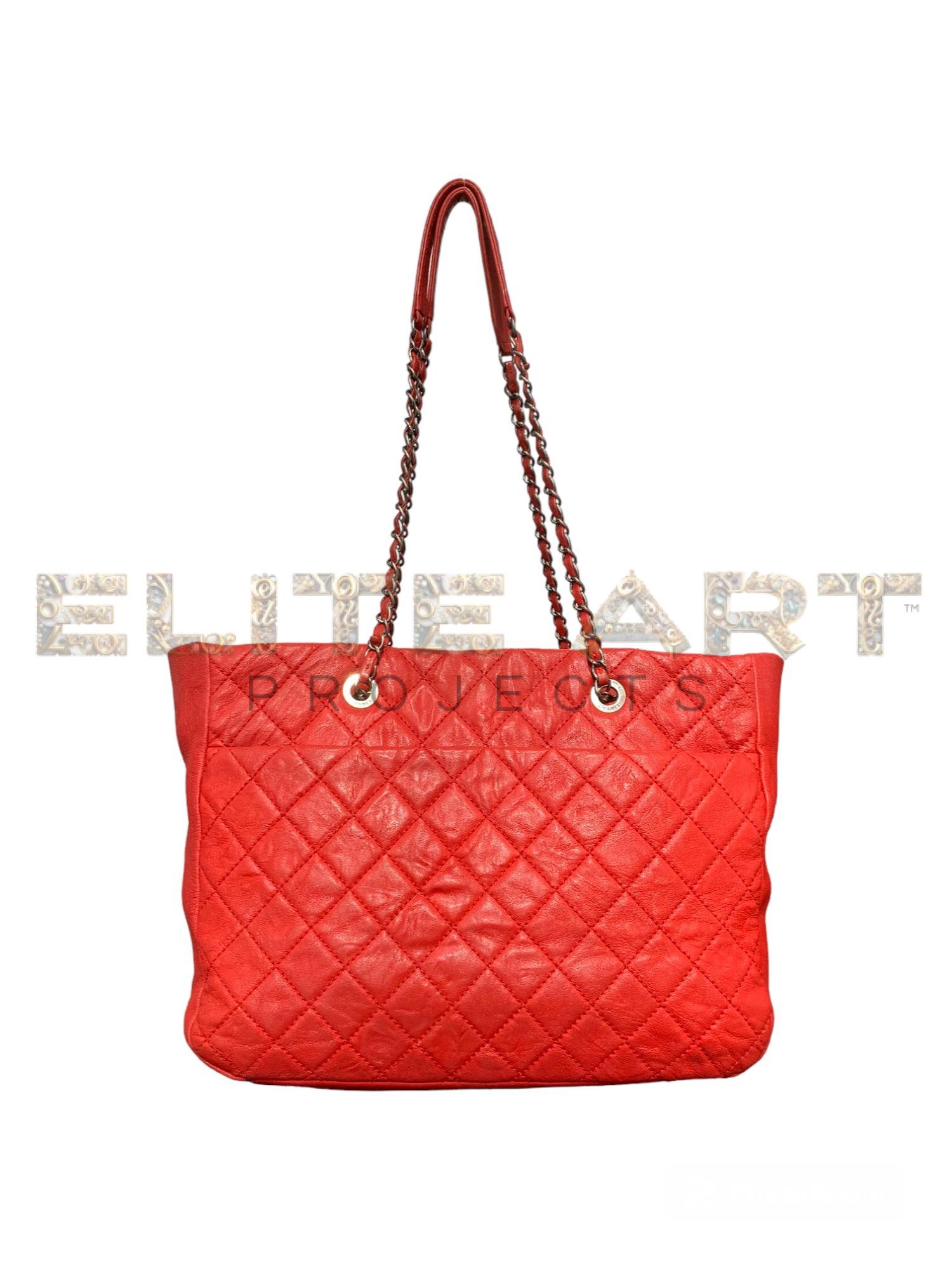 Chanel, shopper bag, red leather, silver accents, quilted, spacious interior, zip closure, front pocket, back pocket