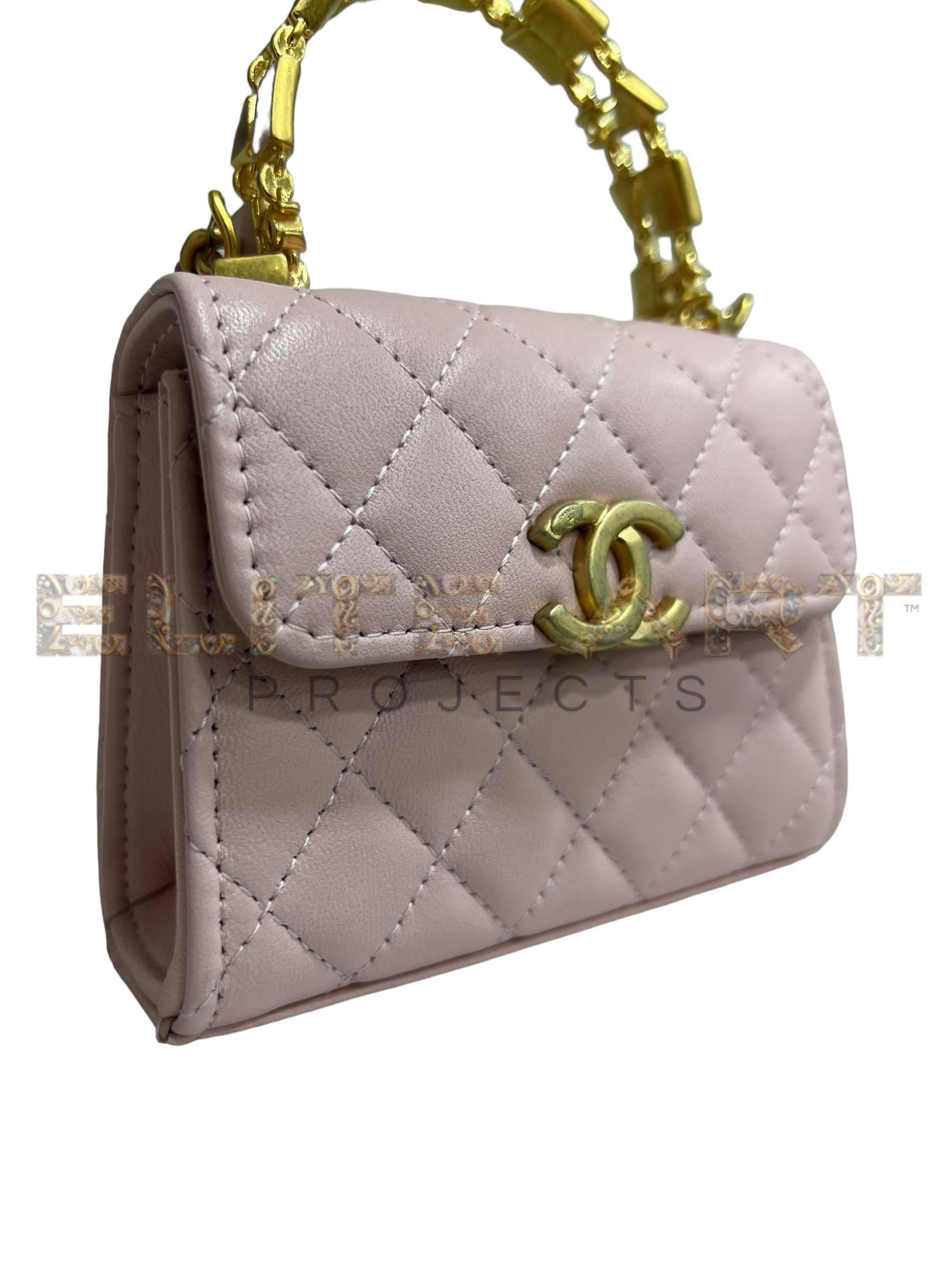 Bag Handle, micro, pink leather, golden hardware, elegance