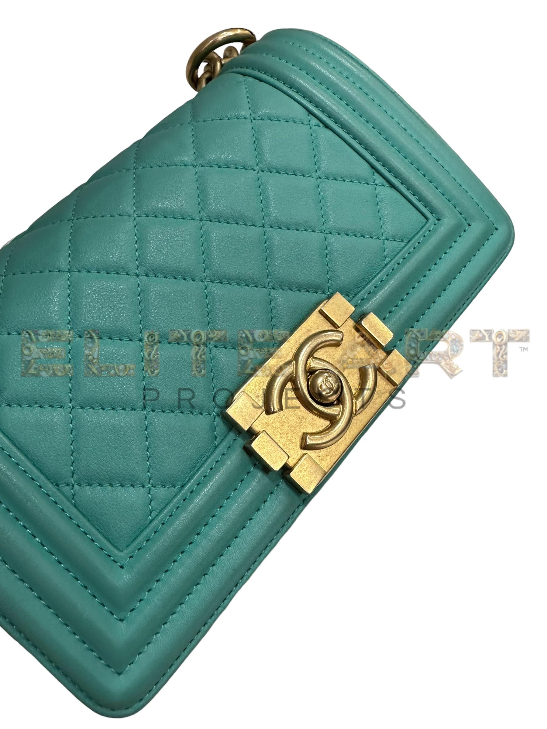 Chanel, Boy, Mini, bag, quilted, Tiffany blue, gold hardware, CC logo, adjustable strap, sliding chain, fabric interior, excellent condition