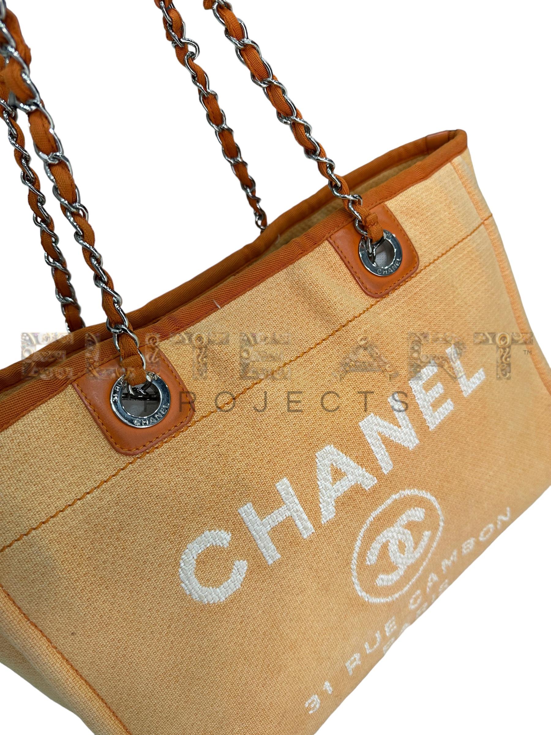Chanel, Deauville, tote, orange canvas, silver hardware, magnetic closure, spacious