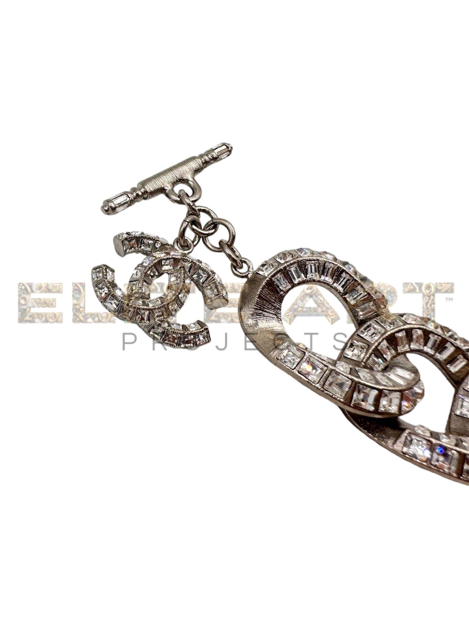 Chanel,bracelet,silver chain,crystals,rectangular crystals,"CC" logo charm,20cm length,2.5cm height