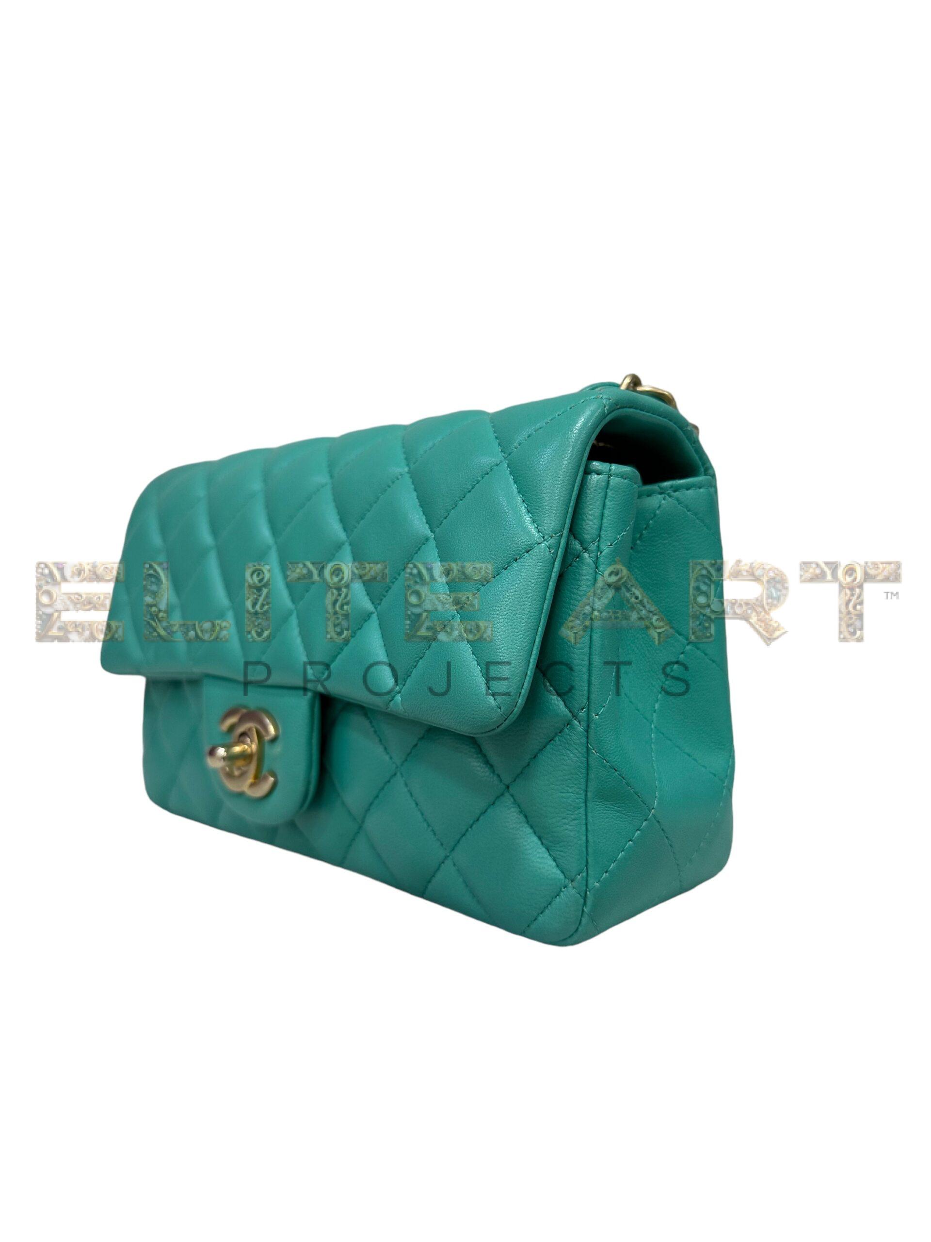 Timeless bag, size 20, smooth leather, Tiffany green, golden inserts