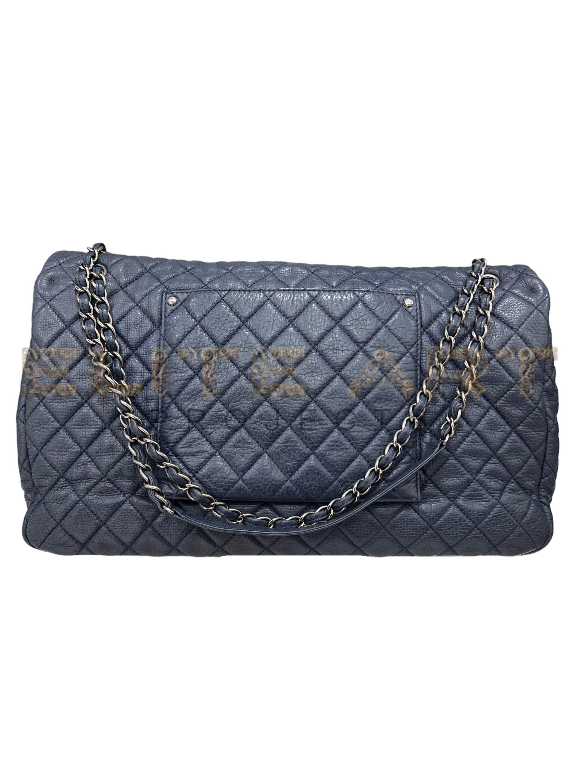Chanel, Timeless travel bag, quilted leather, blue, silver accents, CC logo, spacious, practical