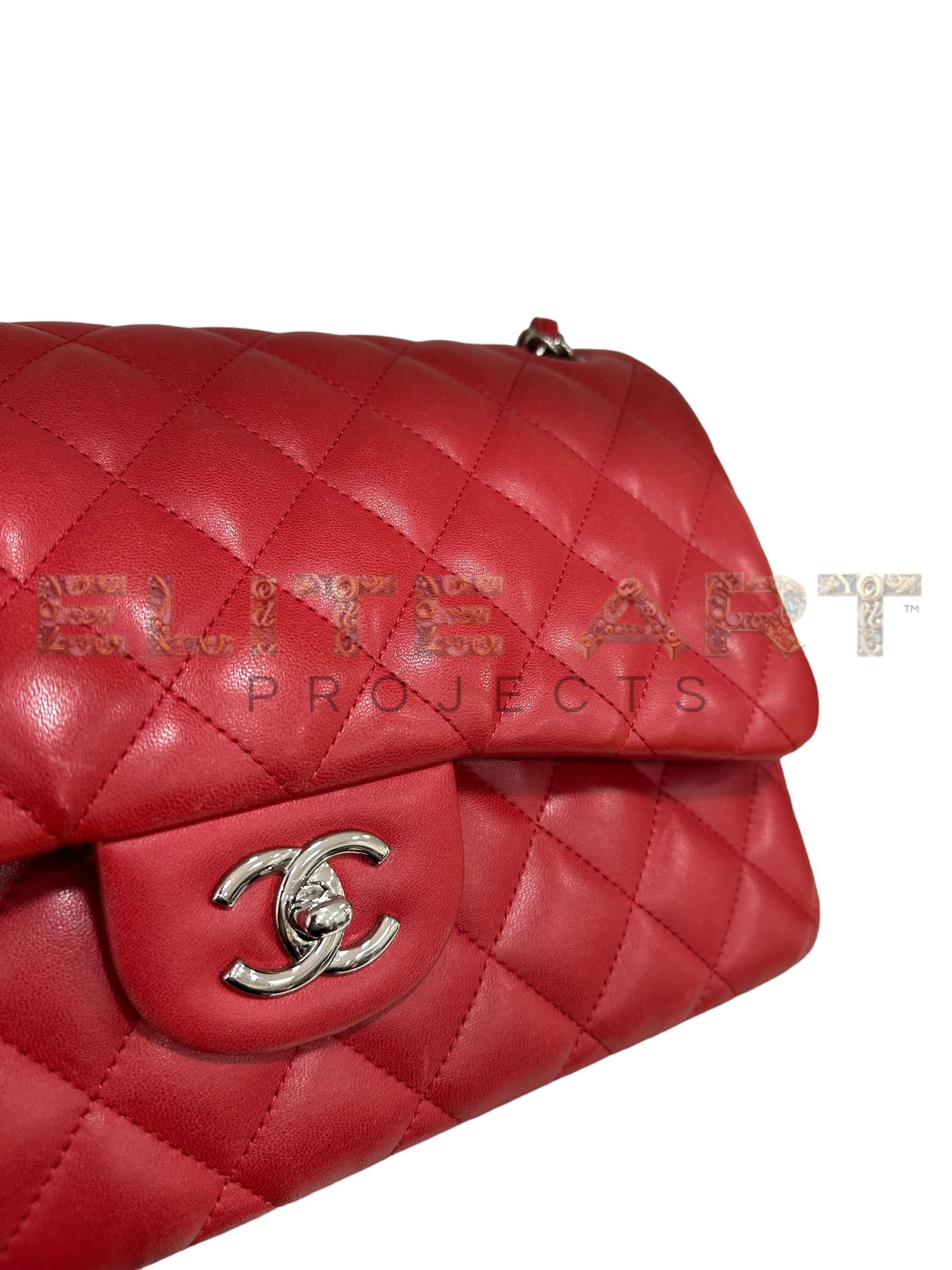 Jumbo Double Flap bag, quilted leather, red, silver inserts, elegance