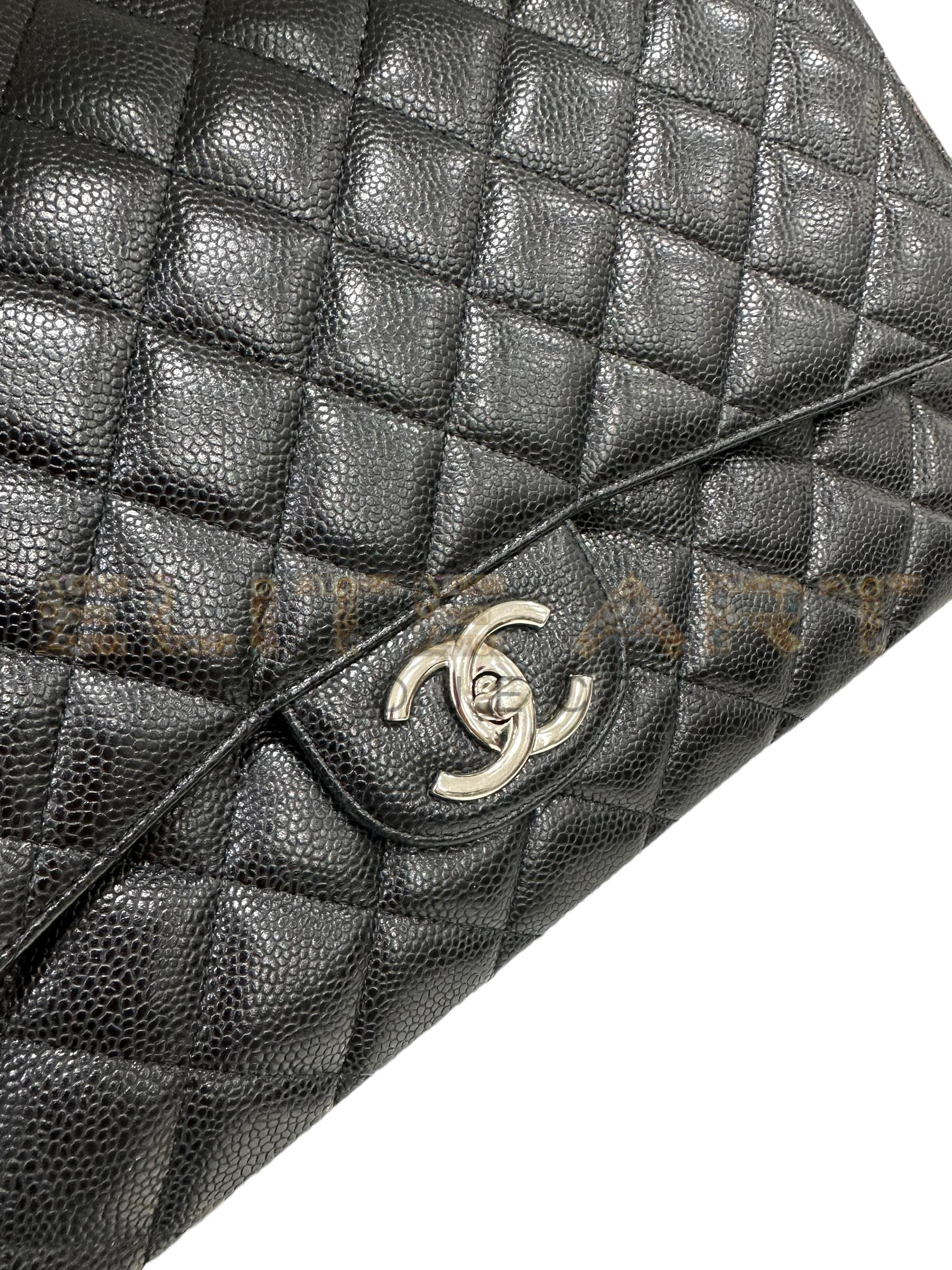 Chanel, Timeless Double Flap bag, Maxi Jumbo, black caviar leather, silver accents, Bordeaux leather, CC twist lock, excellent condition