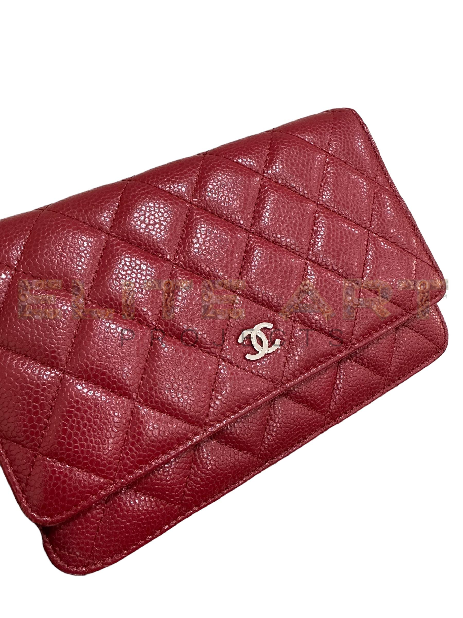 WOC, Wallet On Chain bag, red caviar leather, silver inserts, elegance