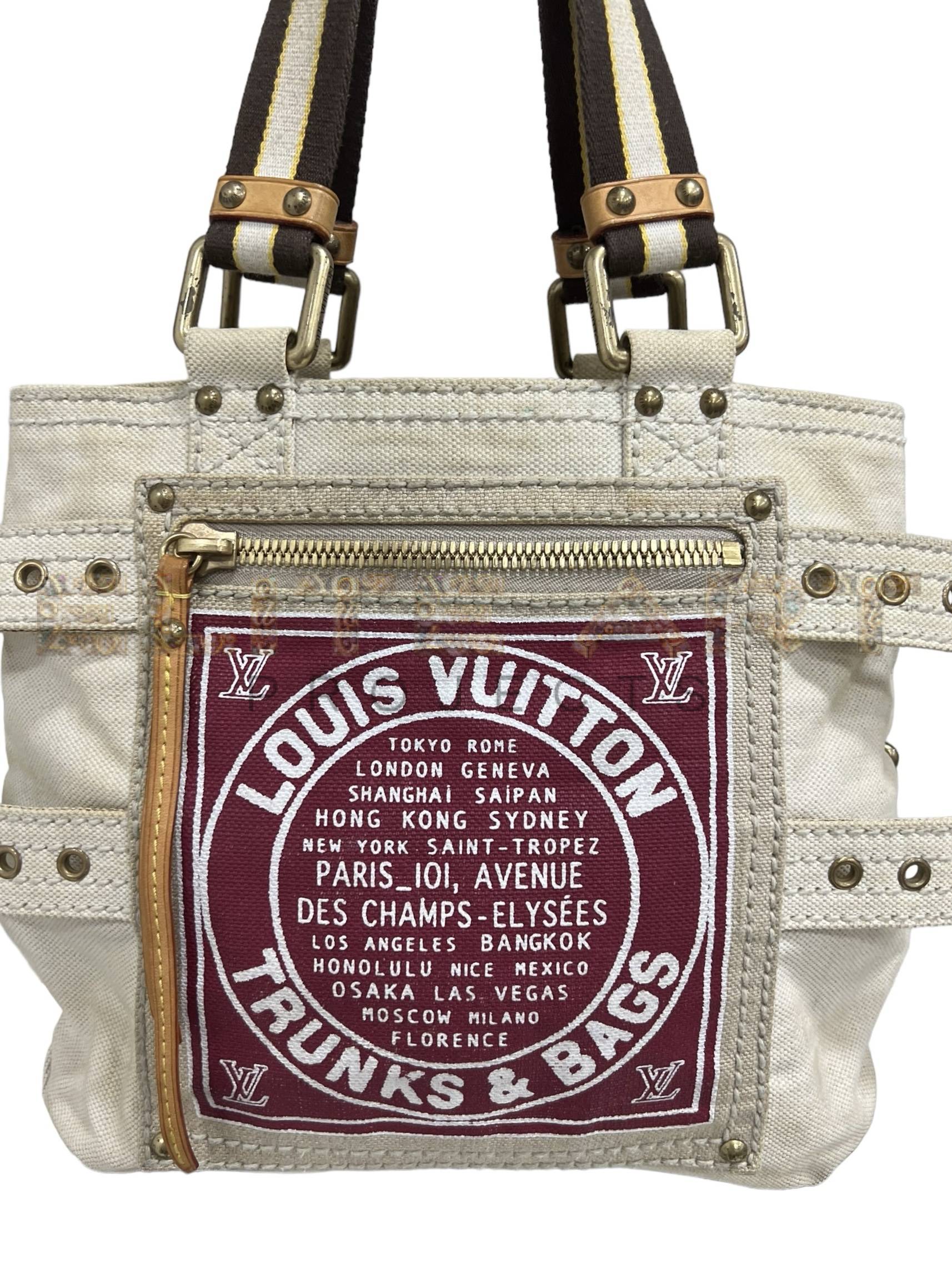 Louis Vuitton bag, Globe Trunks model, PM size, denim, cotton inserts, golden hardware, Elite Art Projects, ELS Fashion TV