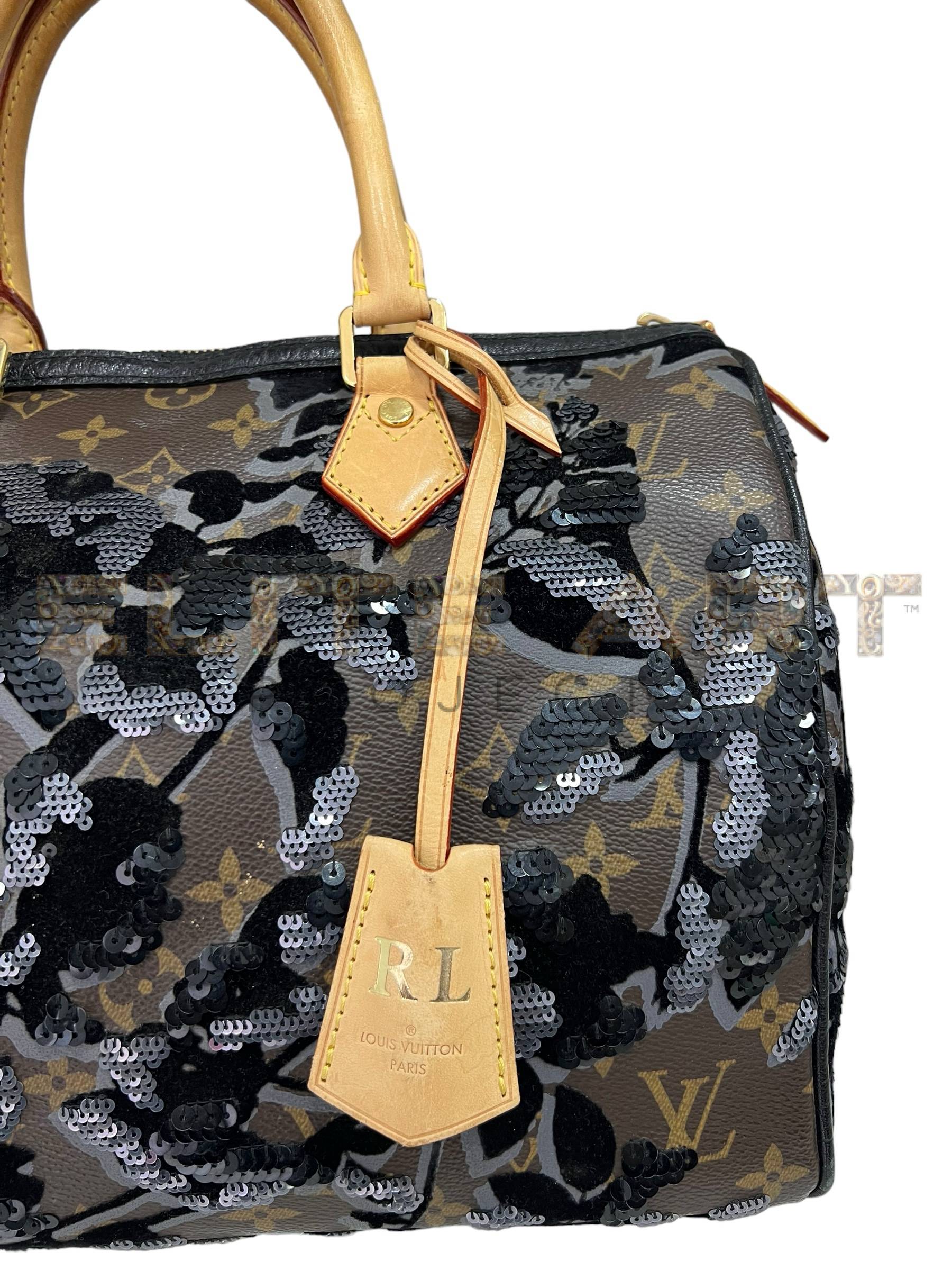 Louis Vuitton bag, Speedy model, size 30, limited edition, Fleur De Jais, monogram canvas, velvet, sequin inserts, patent leather trim, gold hardware, Elite Art Projects, ELS Fashion TV